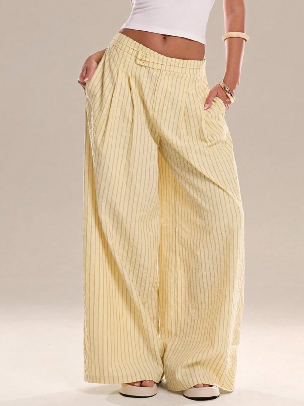 Yellow Casual Chic Women's Striped Waist Trousers - Picture 3 of 7